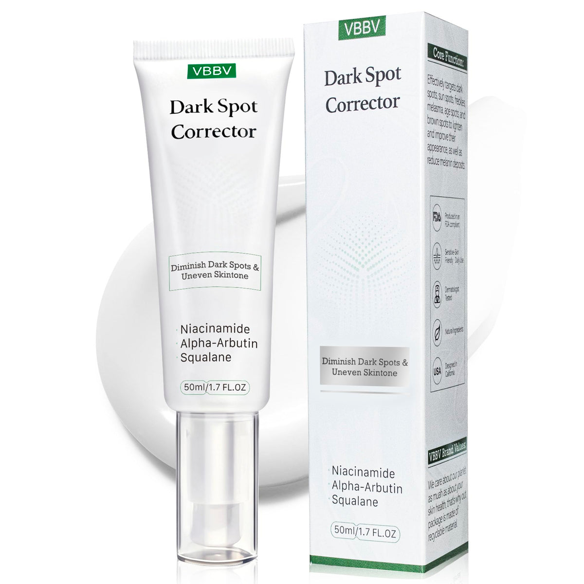 Sérum VBBV taches visage-corps, flacon pratique pour estomper les taches.
