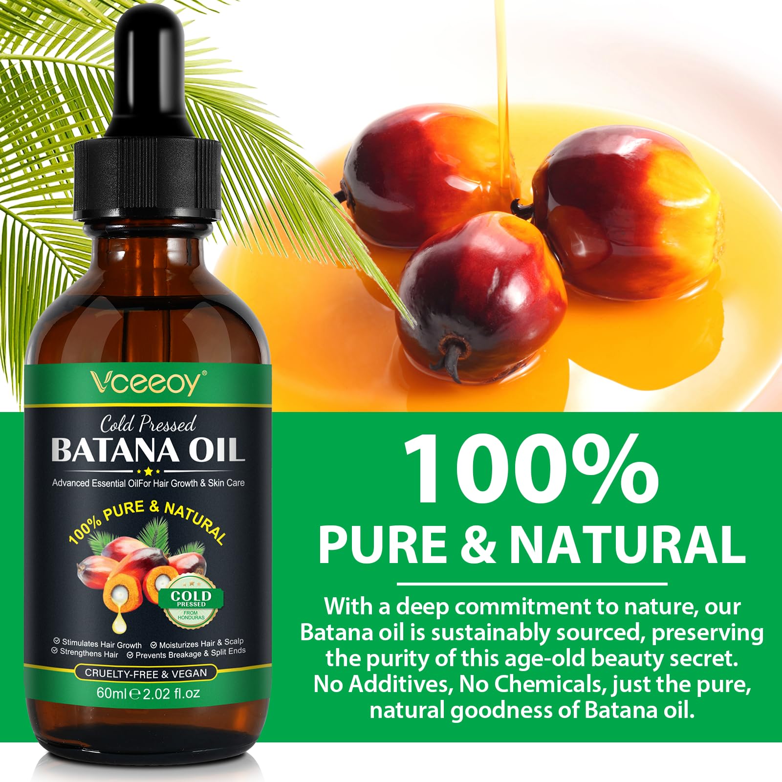 Vceeoy Batana Oil, goutte dans la main, texture pure pour cuir chevelu