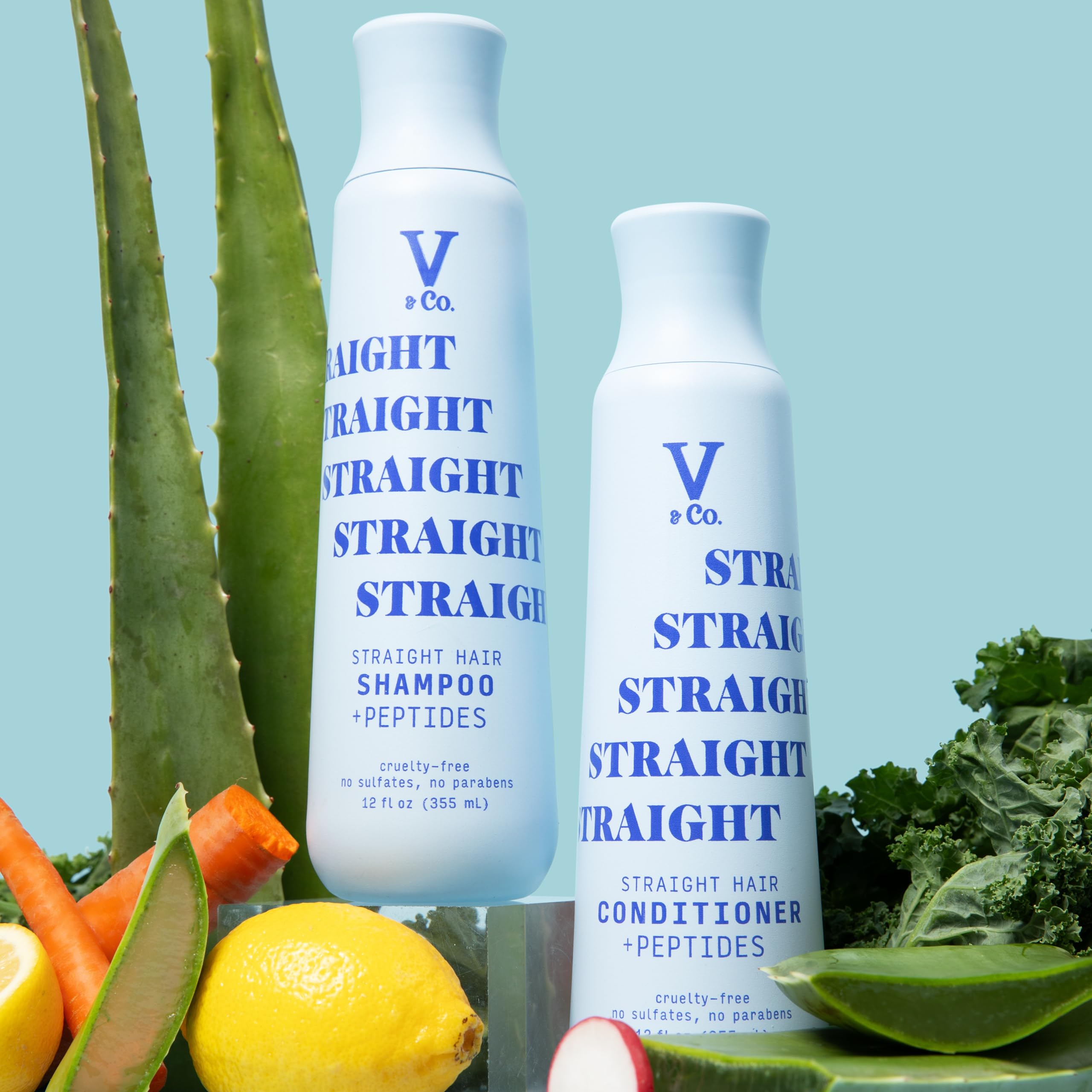 V&Co Straight Hair Shampoo bottle with aloe juice hydration emphasis