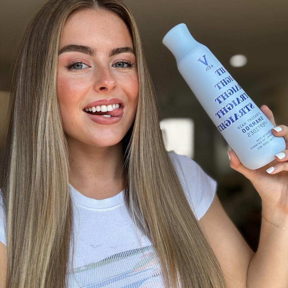 V&Co Straight Hair Shampoo bottle emphasizing lightweight moisturizing formula