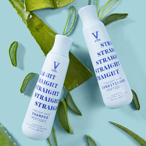 Close-up of V&Co Straight Hair Shampoo label highlighting peptide technology benefits