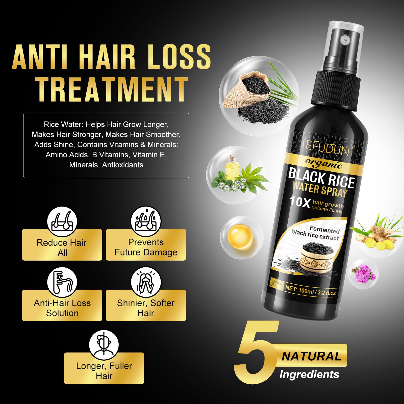 Vedora Eau de riz noir – convient à tous les types de cheveux.