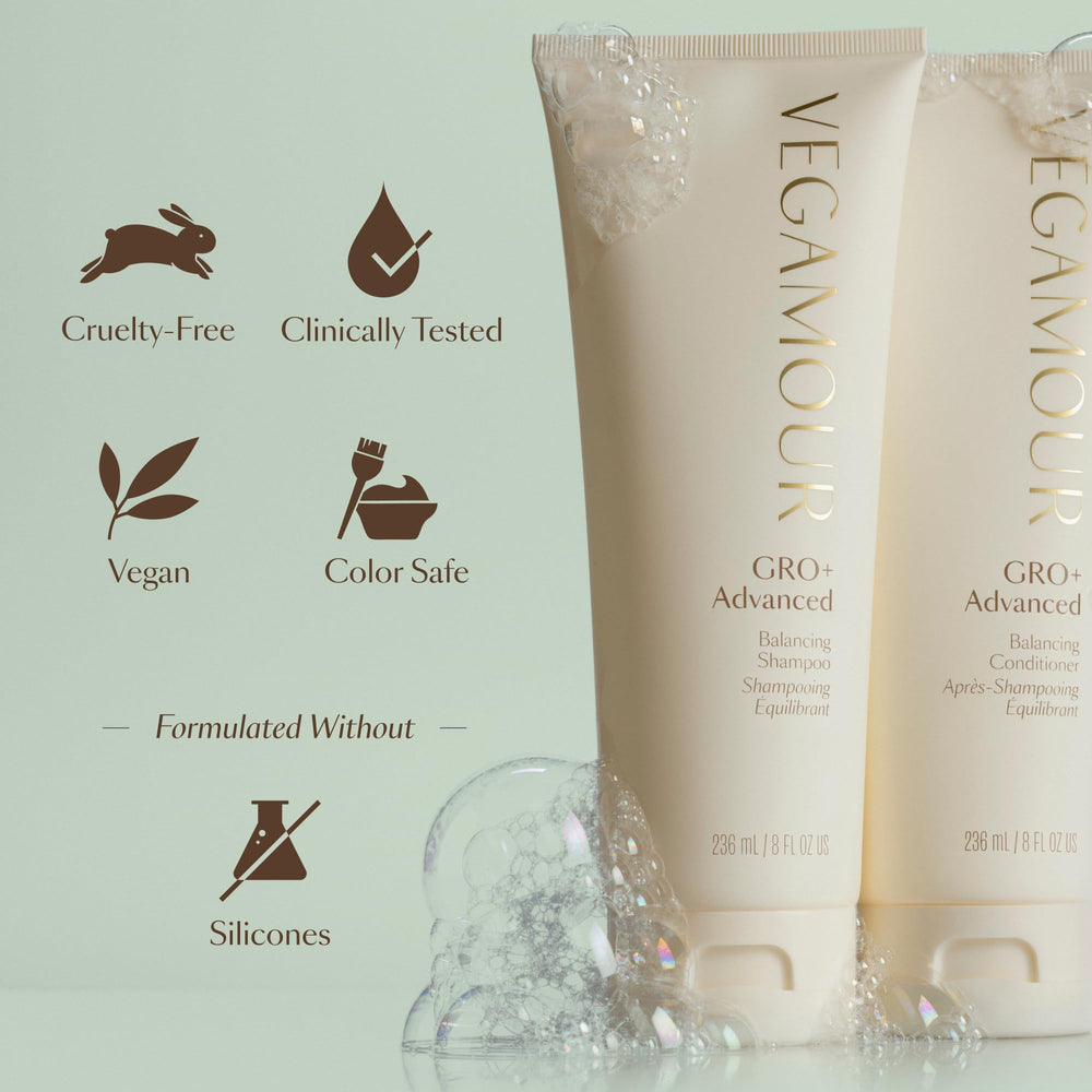 VEGAMOUR GRO+ – Logo végan et cruelty-free sur l’emballage.