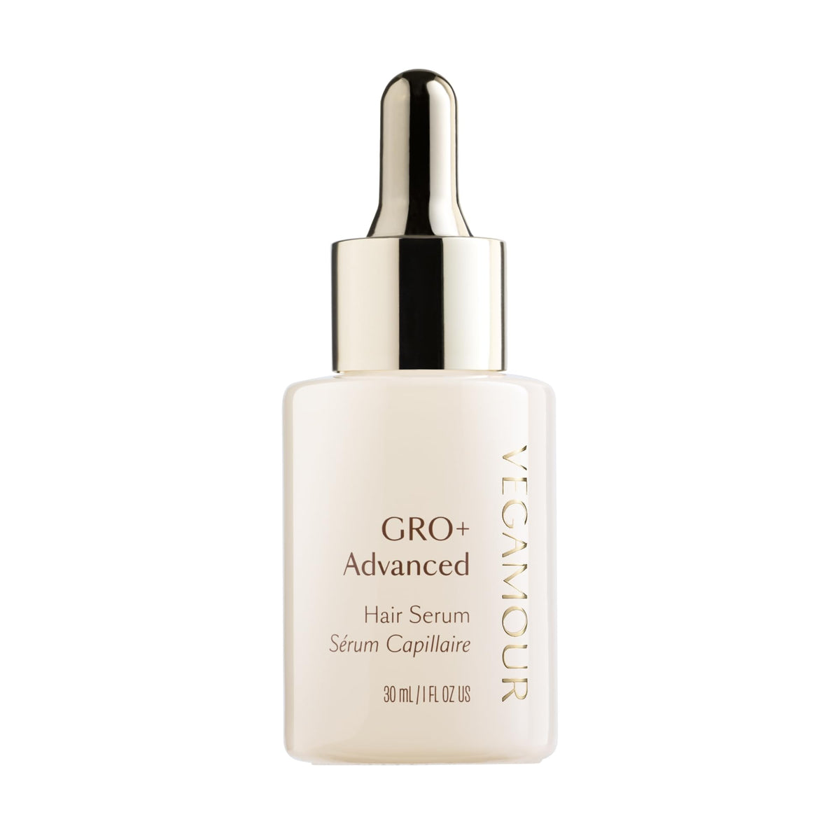 VEGAMOUR GRO+ Sérum: bouteille et pipette, application sur le cuir chevelu.