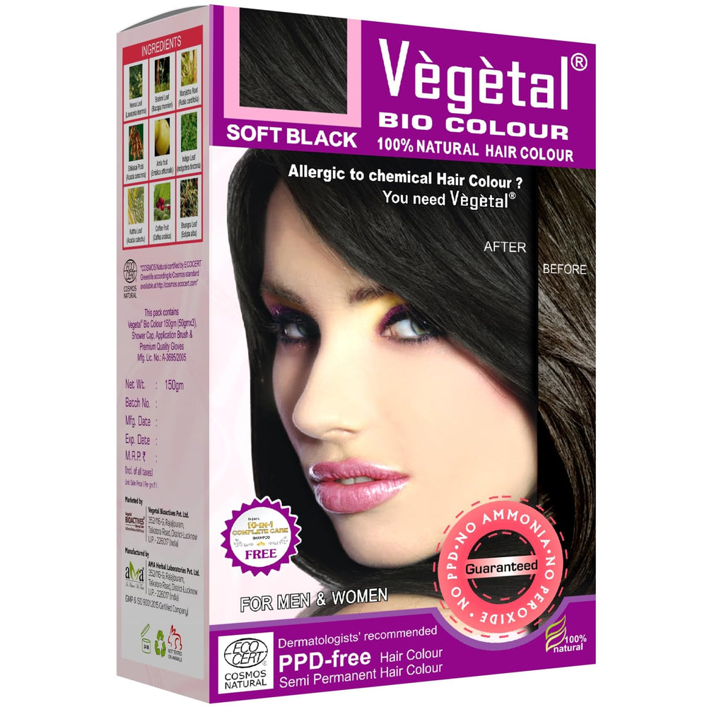 Végétal Couleur Bio Noire Douce, boîte 150 g, couleur naturelle et durable.