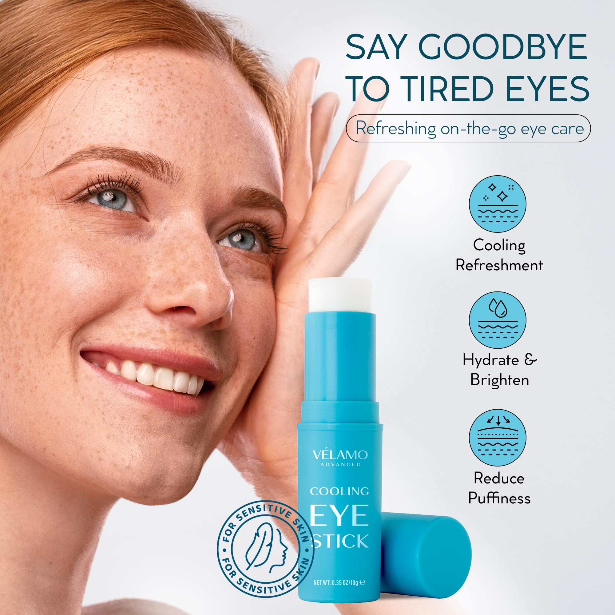 VELAMO ADVANCED Cooling Eye Stick in use on under-eye skin.