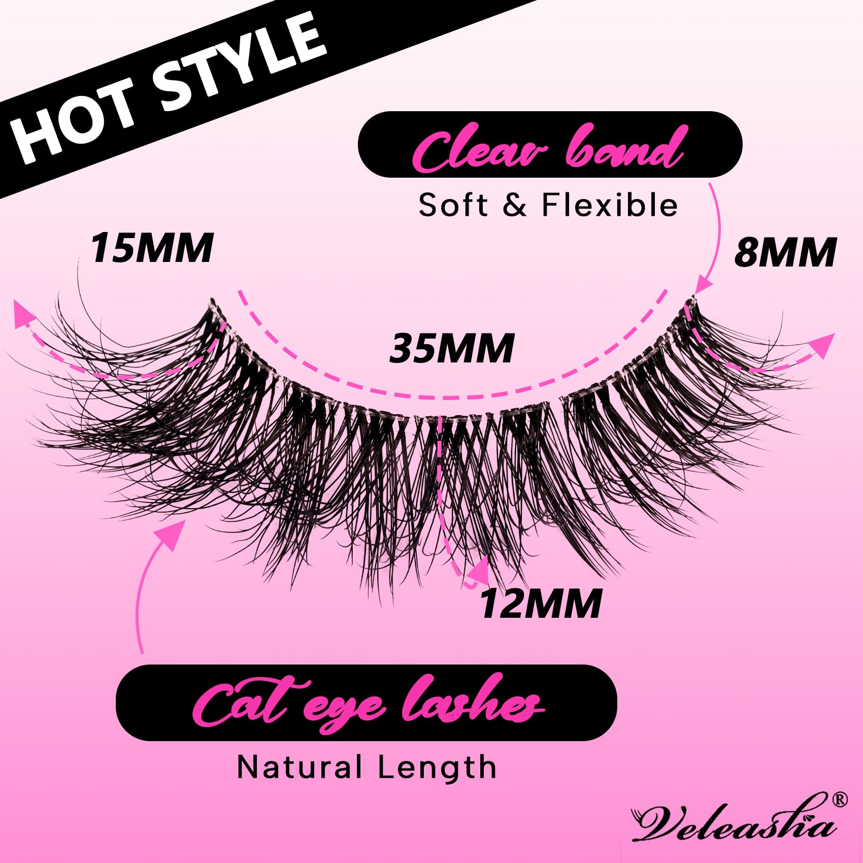 Cils Veleasha cat-eye wispy pour allonger le regard.