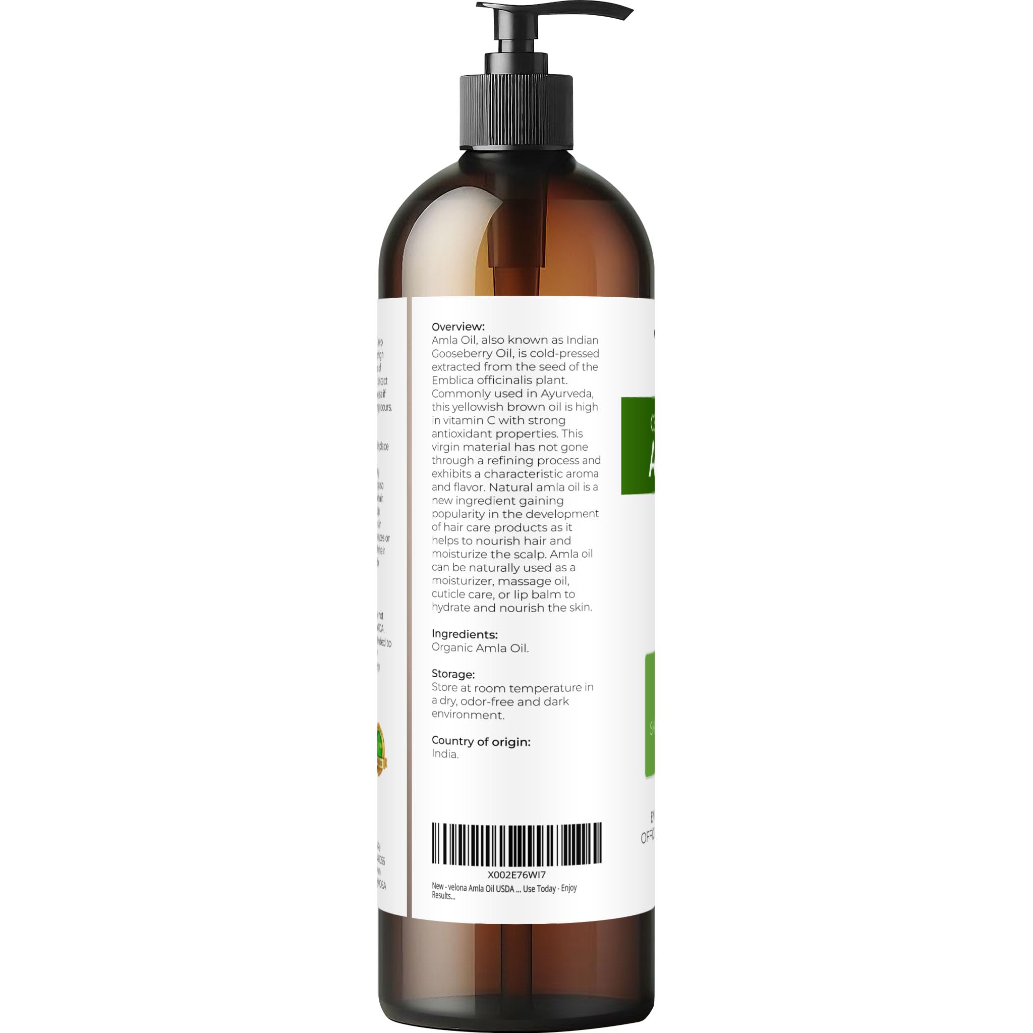 Velona Amla huile - etiquette bio valorise l'origine naturelle.