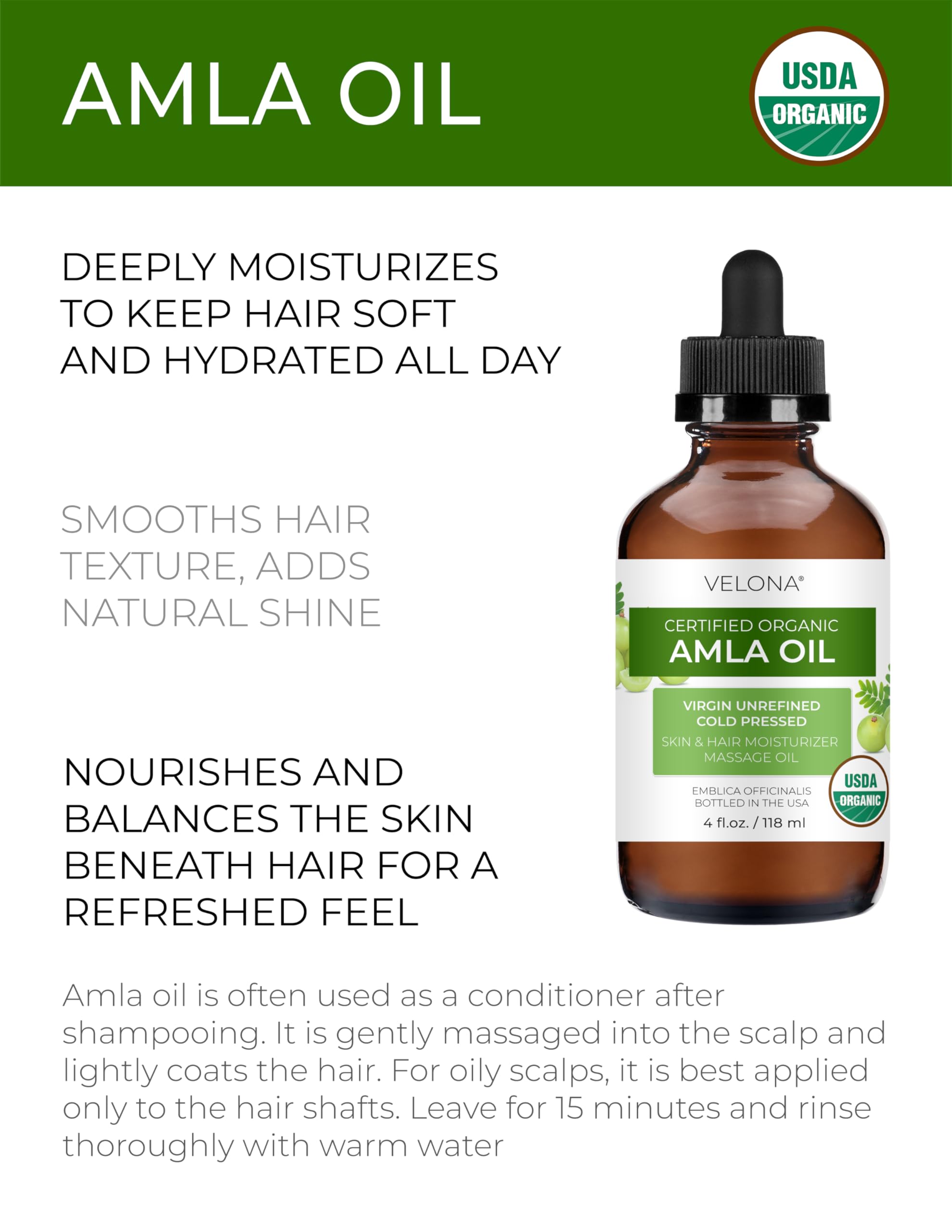 Texture soyeuse de l'huile Velona Amla pour des soins capillaires quotidiens.