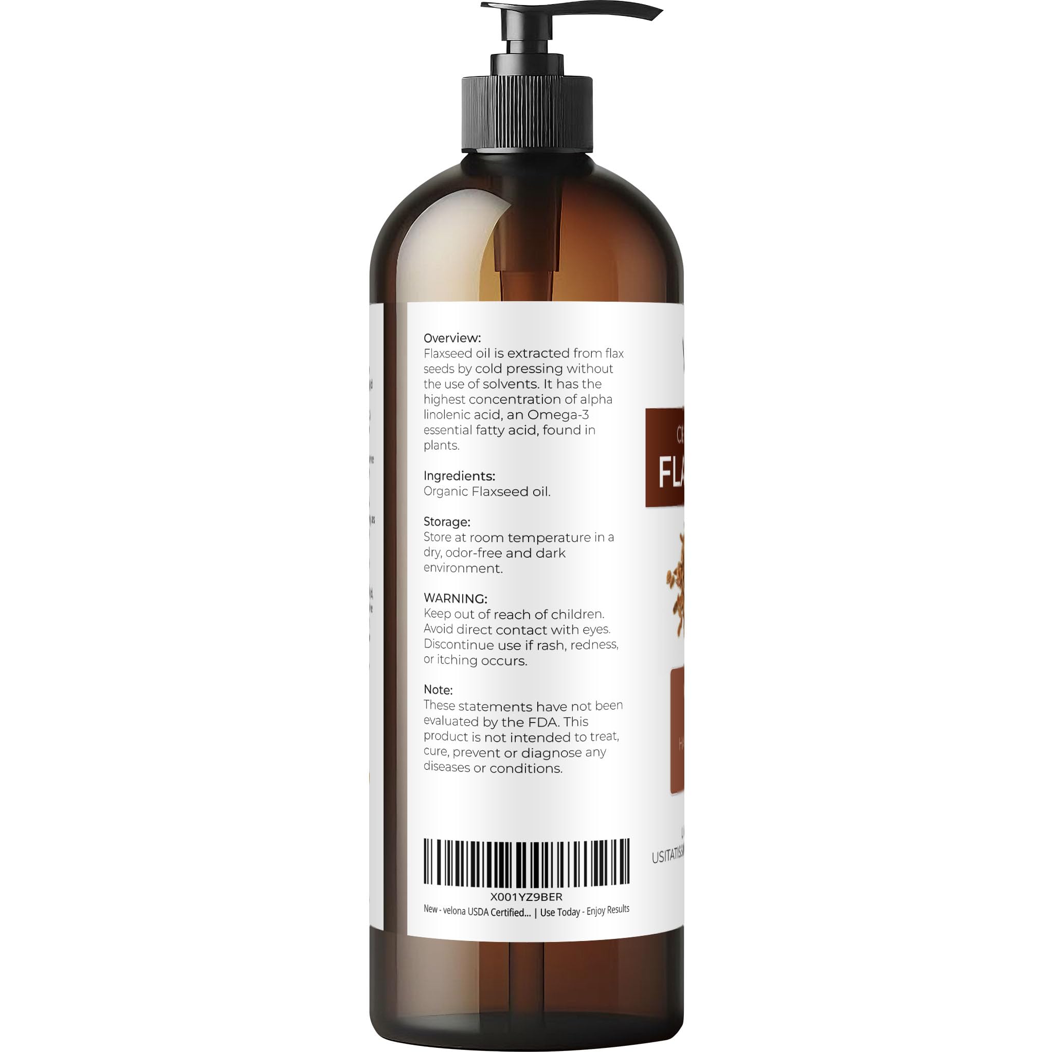 Velona flaxseed oil glass bottle close-up, unrefined cold-pressed quality.