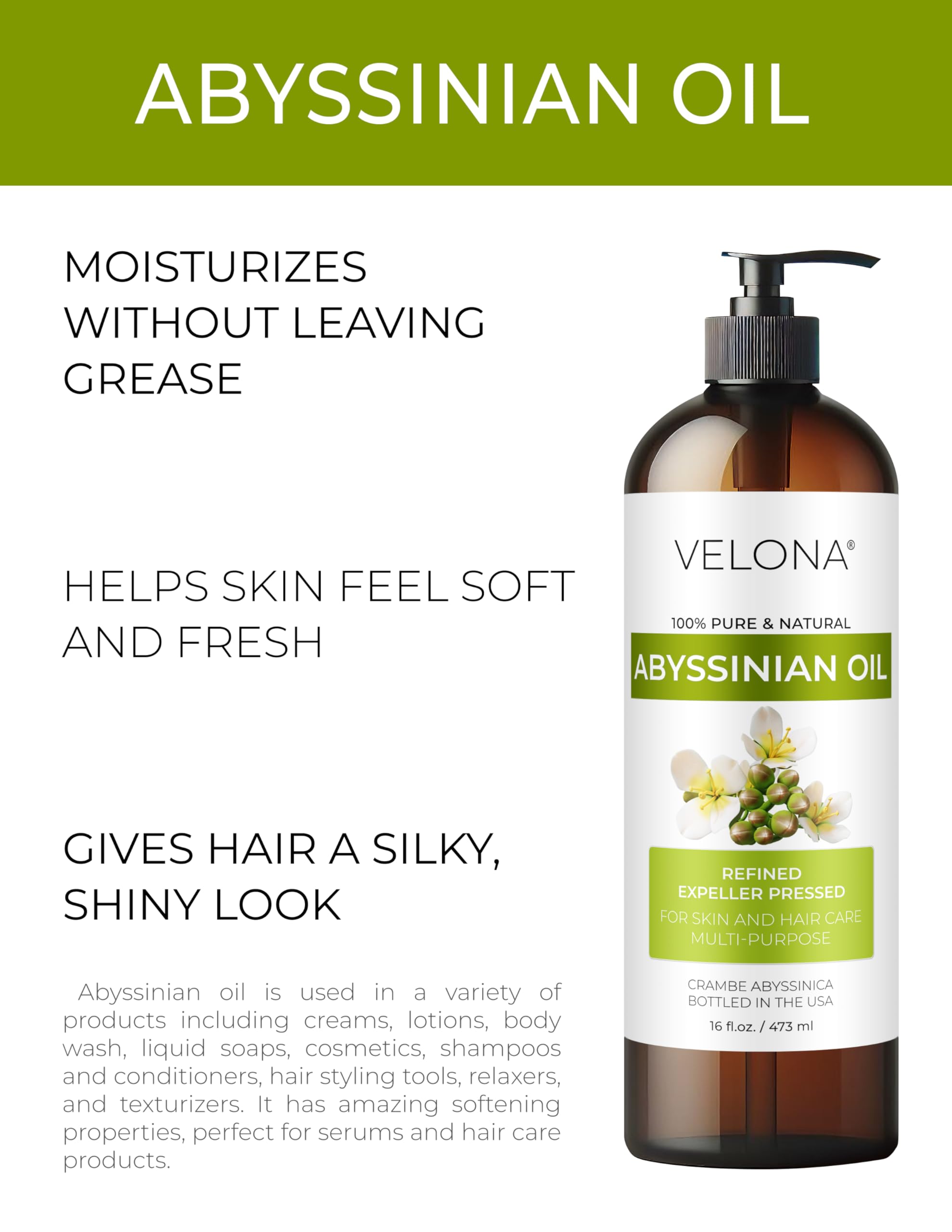 Velona Huile Abyssinienne versement, application facile sur peau et cheveux
