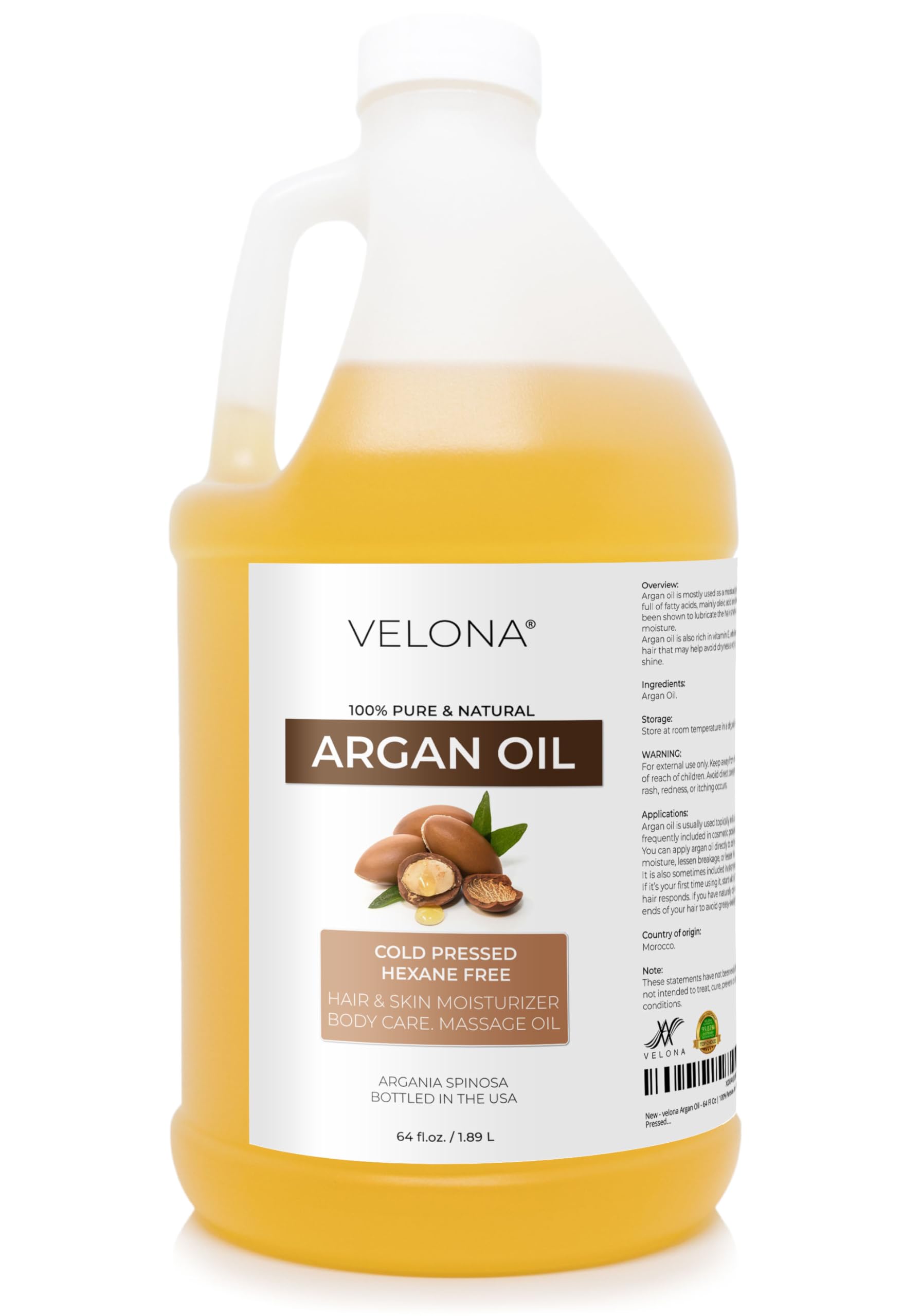 Velona Huile d'Argan, bouteille 64oz, hydratation polyvalente pour peau et cheveux.