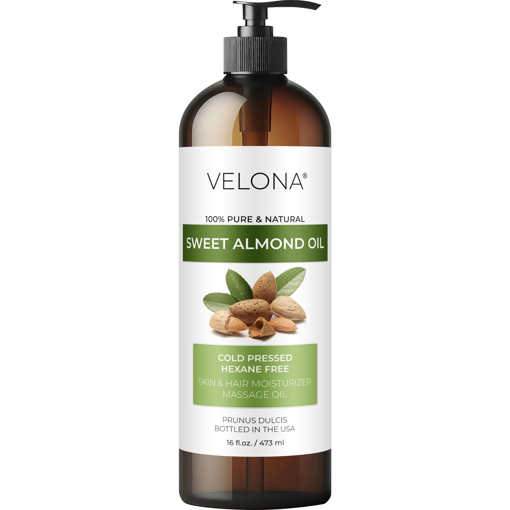 Velona huile d'amande douce, bouteille présente pour hydratation légère de peau et cheveux.