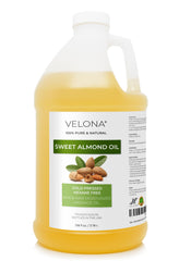 Huile Velona d'amande douce — bouteille montrant une hydratation légère pour la peau