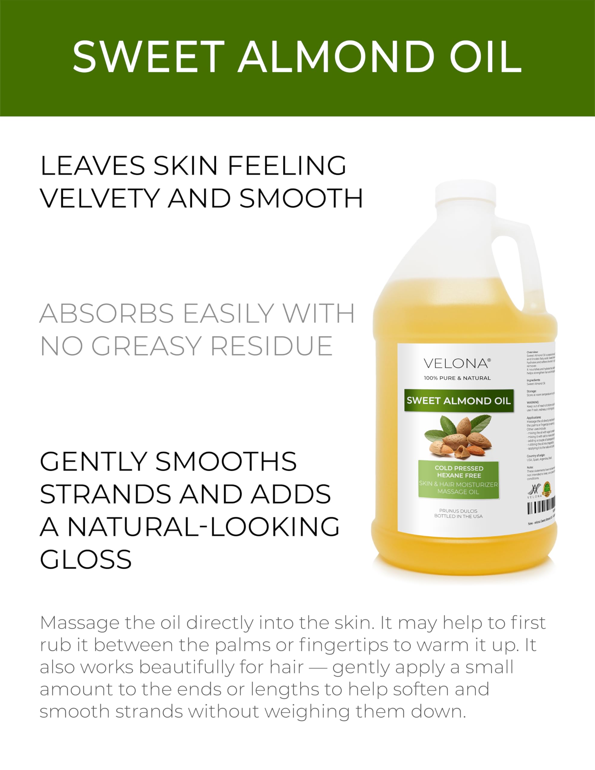 Texture soyeuse Velona — huile d'amande douce pour peau nourrie