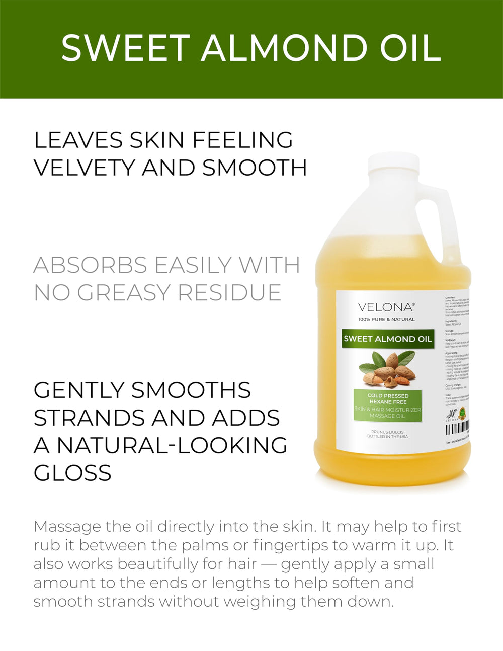 Texture soyeuse Velona — huile d'amande douce pour peau nourrie