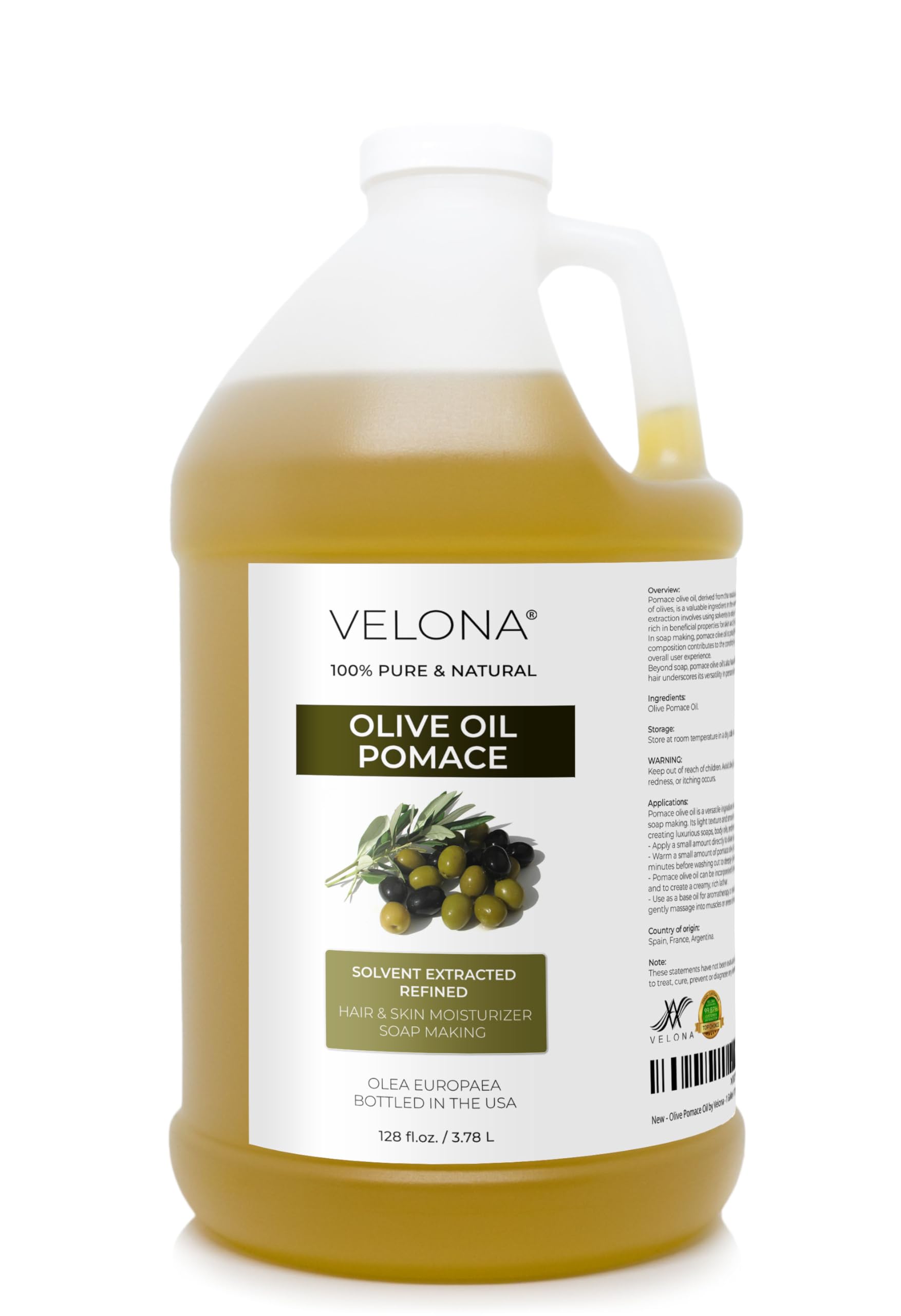 Velona huile d'olive pomace — bouteille prête à hydrater peau et cheveux.