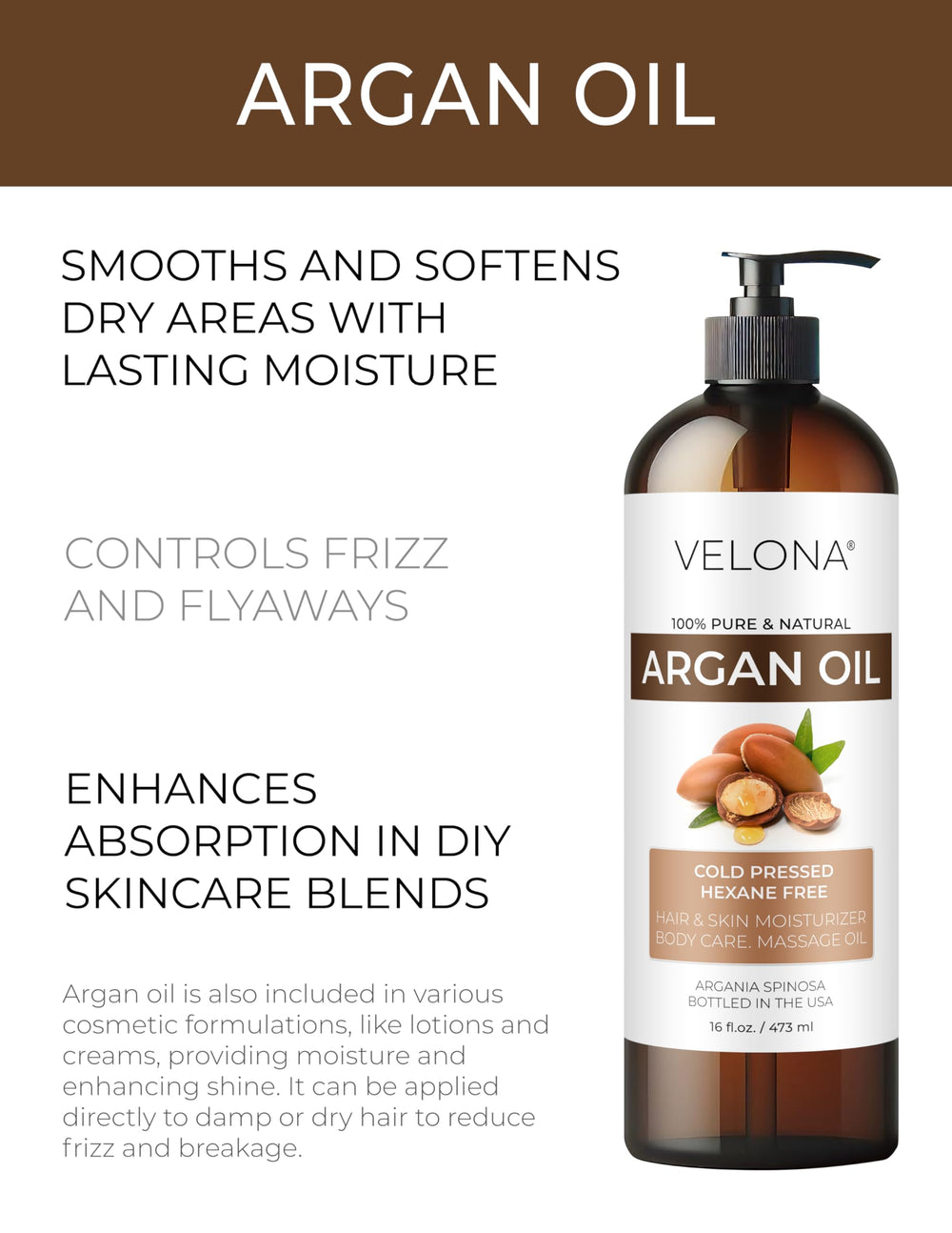 Velona huile d’argan – texture satinée pour hydrater peau et révéler l’éclat.