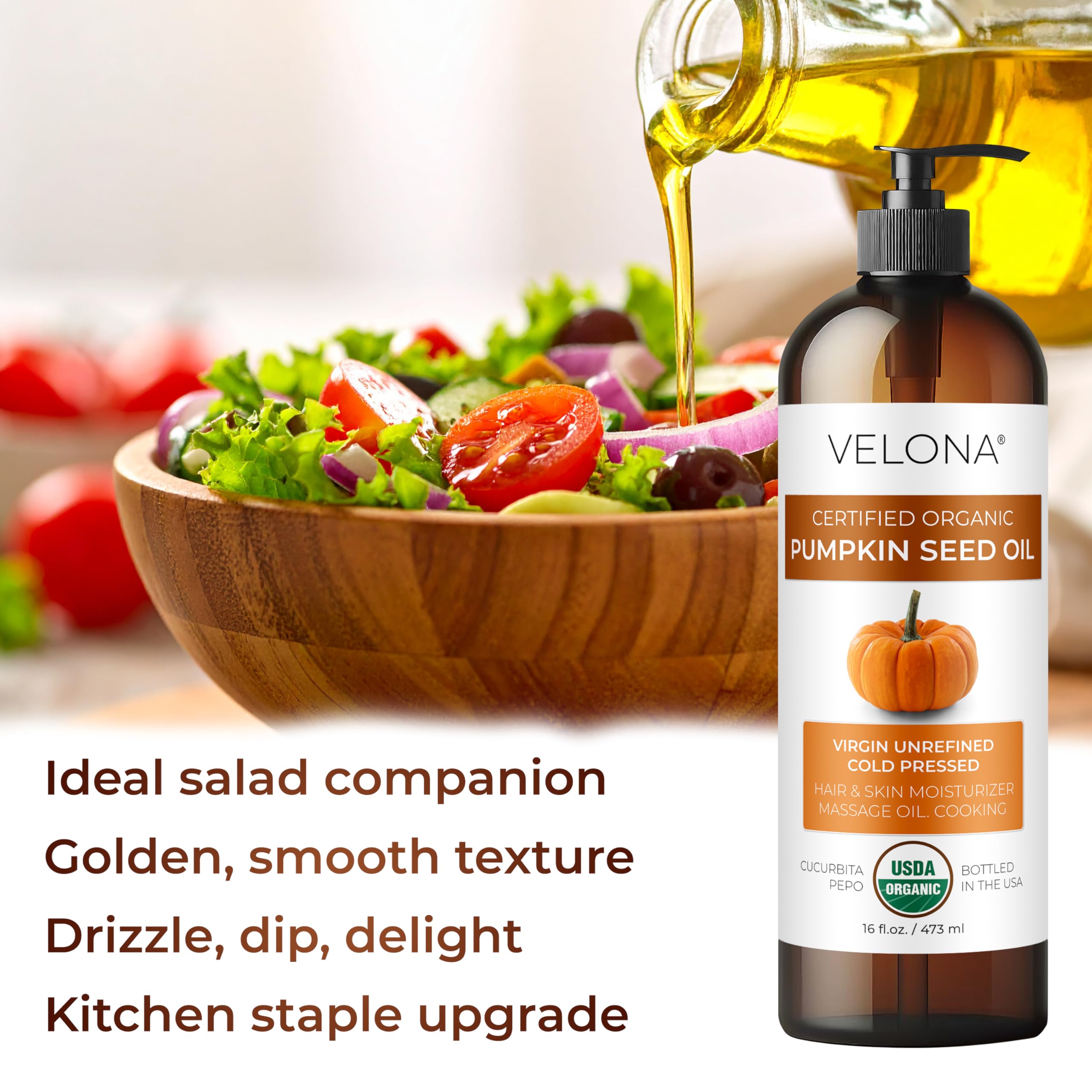 Velona huile de pépins de citrouille — parfum noisette, usage aromatique pour marier les plats.