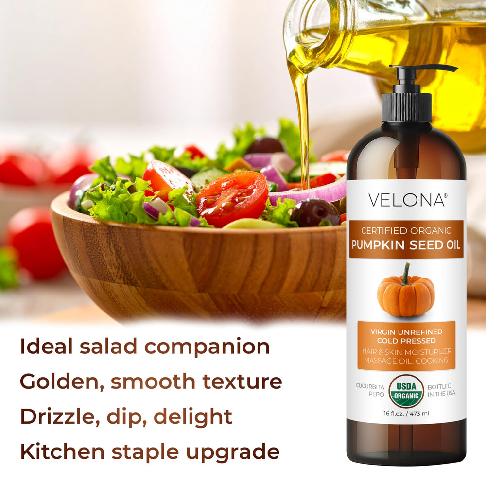 Velona huile de pépins de citrouille — parfum noisette, usage aromatique pour marier les plats.