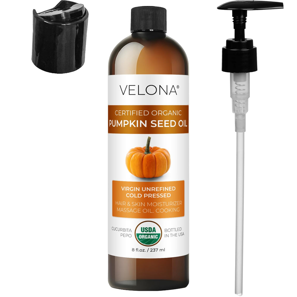 Velona huile de pépins de citrouille — flacon en verre, produit fabriqué aux États‑Unis.