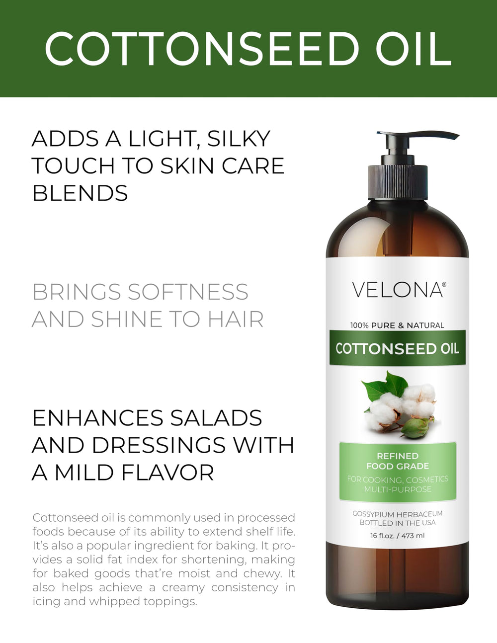 Velona Huile de coton, texture légère pour hydratation quotidienne