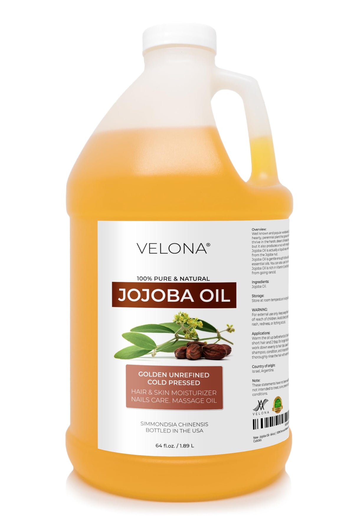 Velona huile jojoba 64onces bouteille doree—hydratation douce et naturelle.