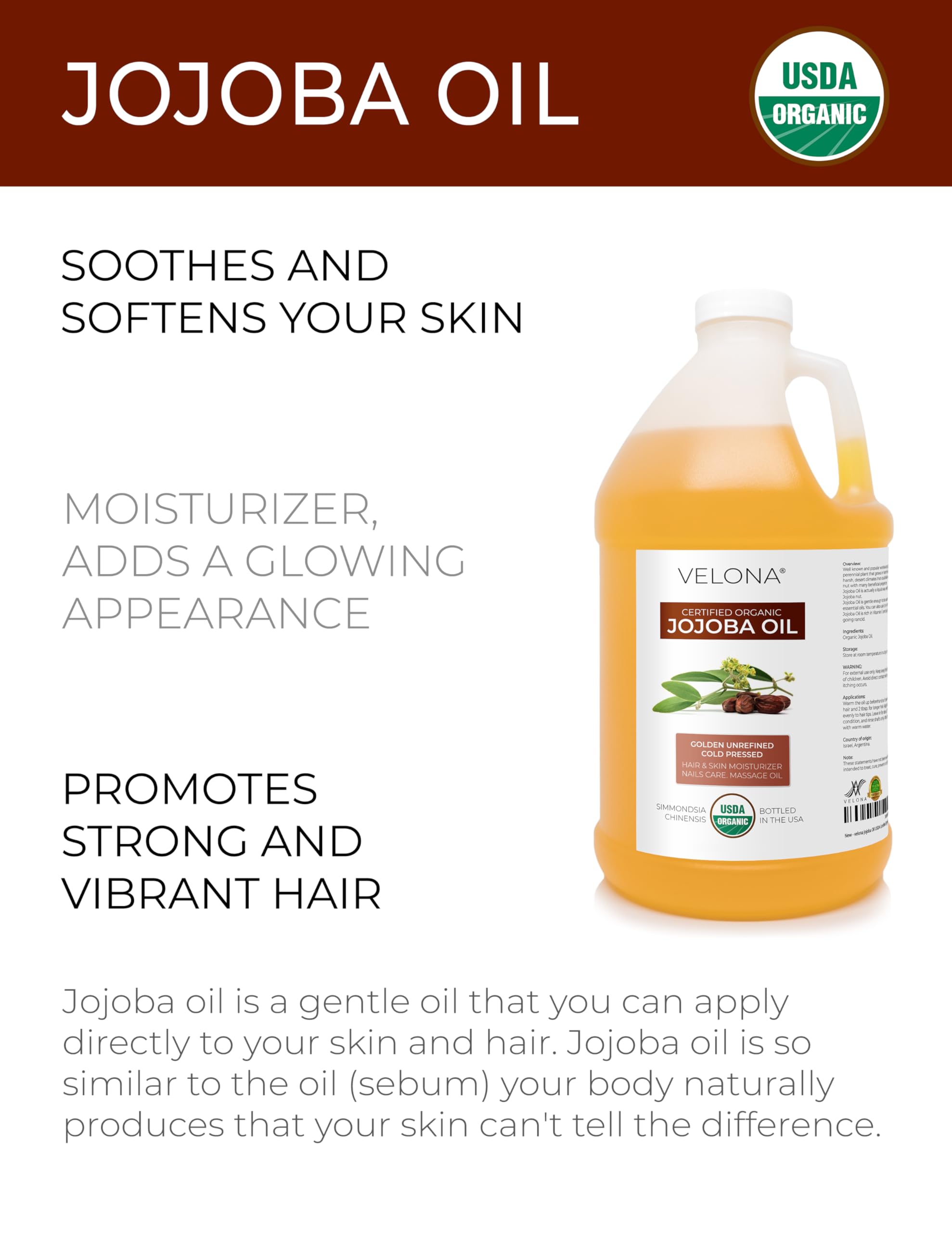 Velona huile de jojoba, bouteille ambrée, parfum neutre et pureté certifiée.