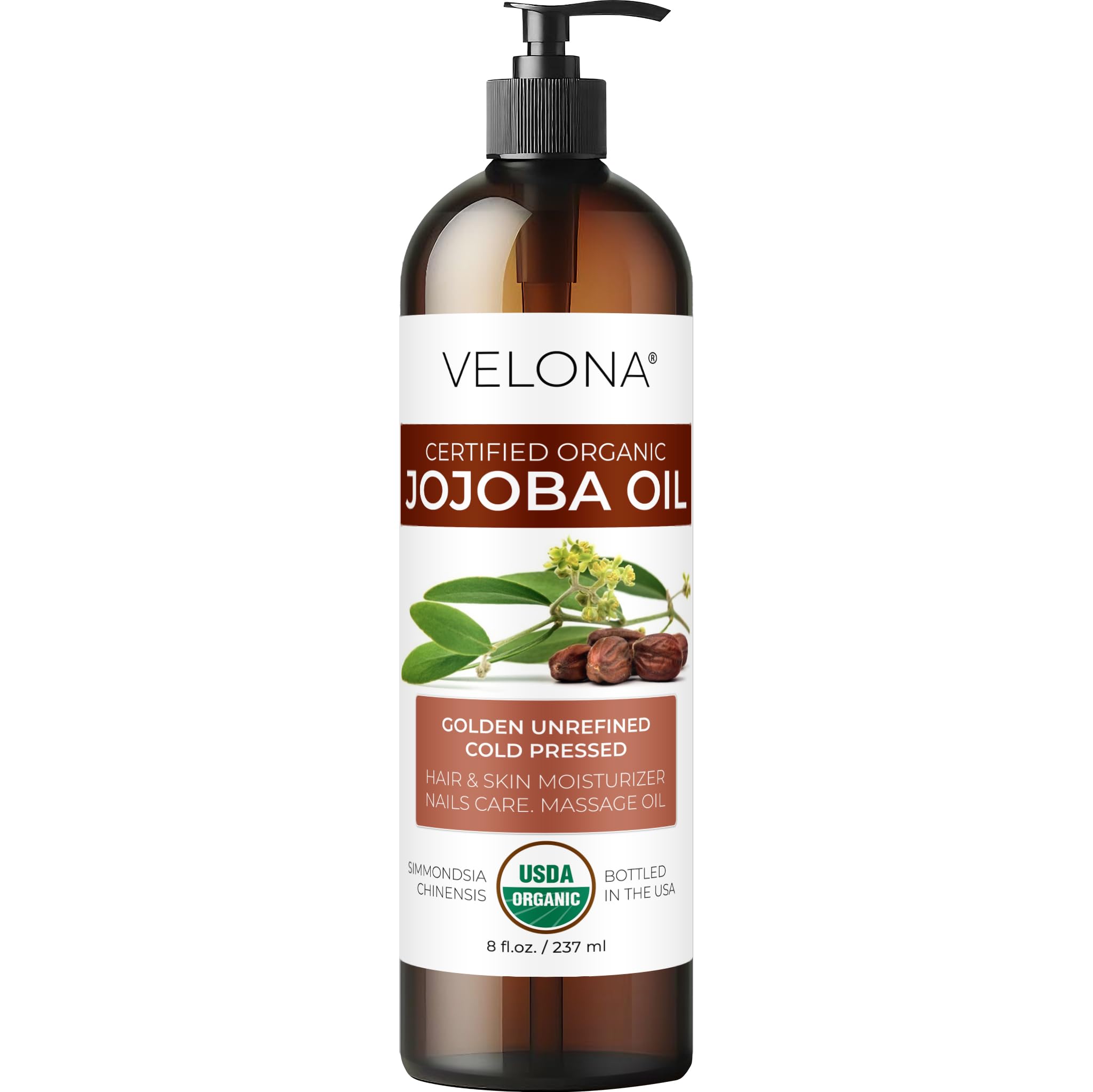 Velona Huile de Jojoba en bouteille avec pompe, hydratation naturelle.