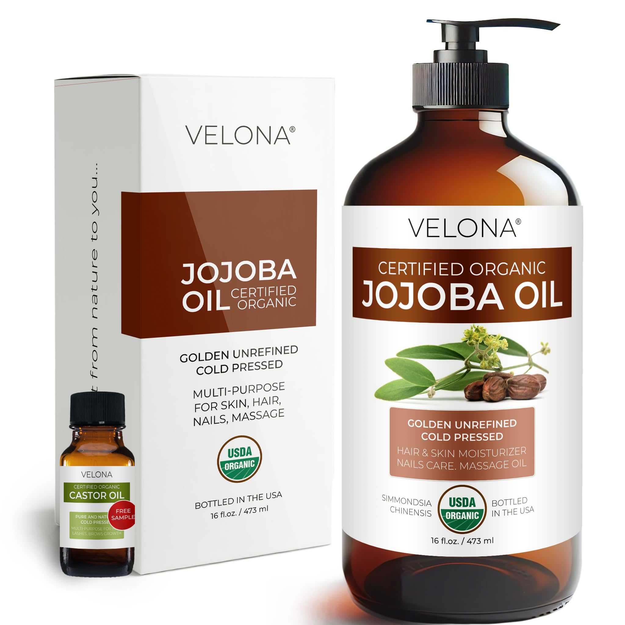 Huile de jojoba Velona en bouteille en verre, hydratante pour visage et corps.
