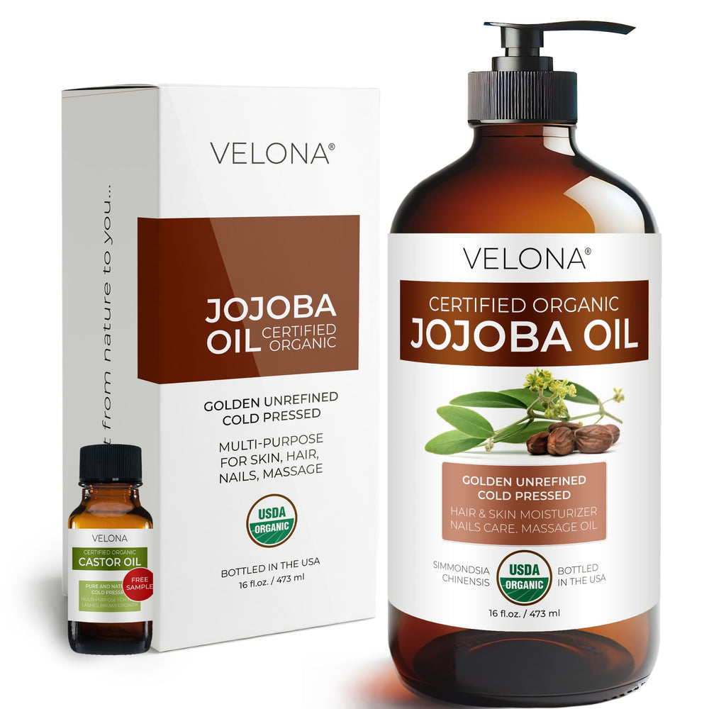 Huile de jojoba Velona en bouteille en verre, hydratante pour visage et corps.