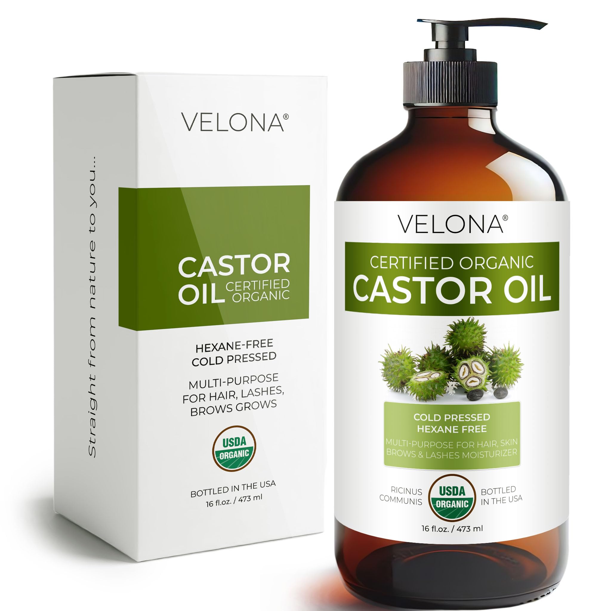 Velona huile de ricin bio dans bouteille verre 16 oz, nourrissante pour cheveux et sourcils