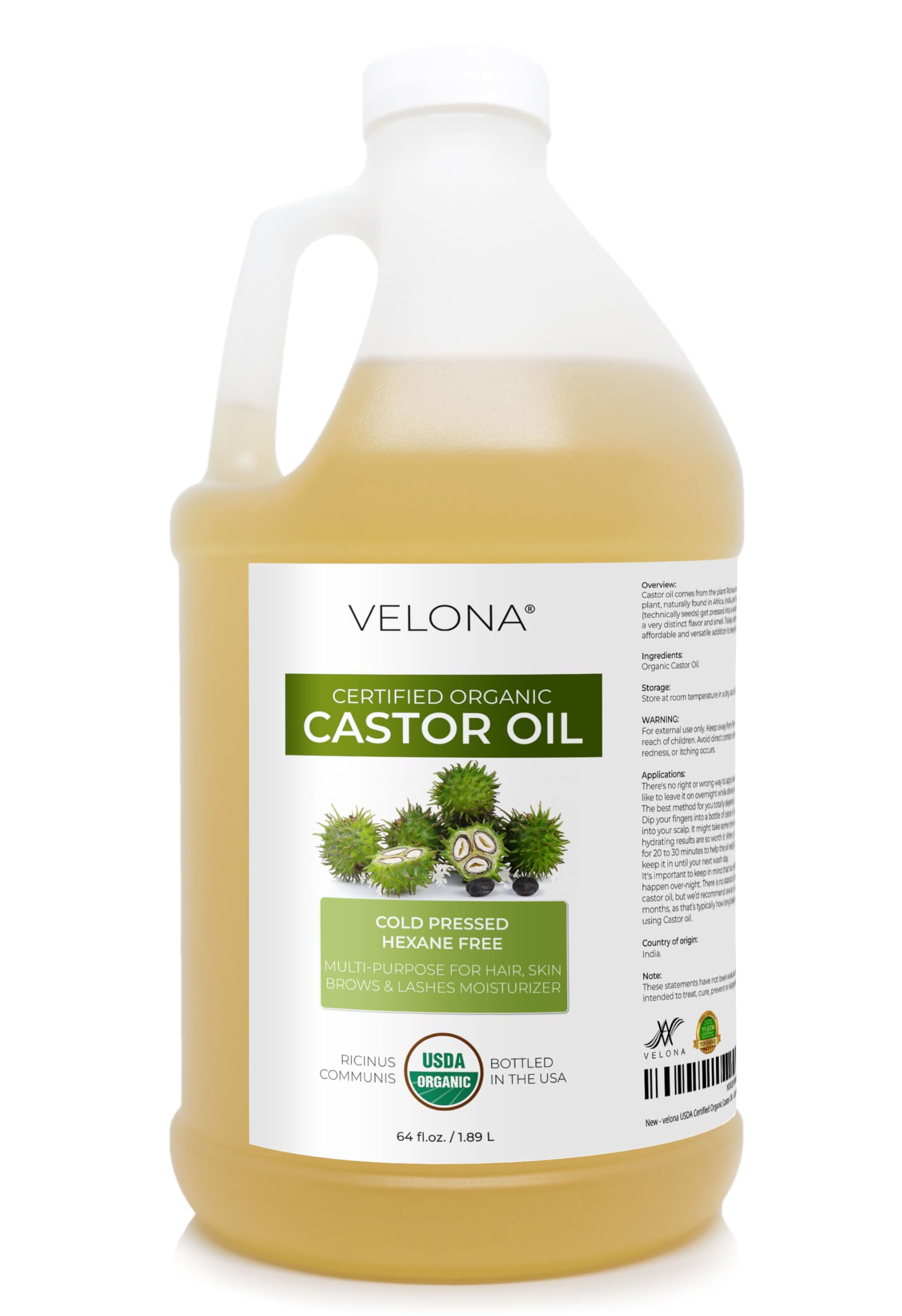 Velona huile de ricin bio en bouteille 64oz pour cheveux nourris et brillants.