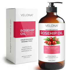 Velona huile de rosehip dans une bouteille en verre, hydratation douce.