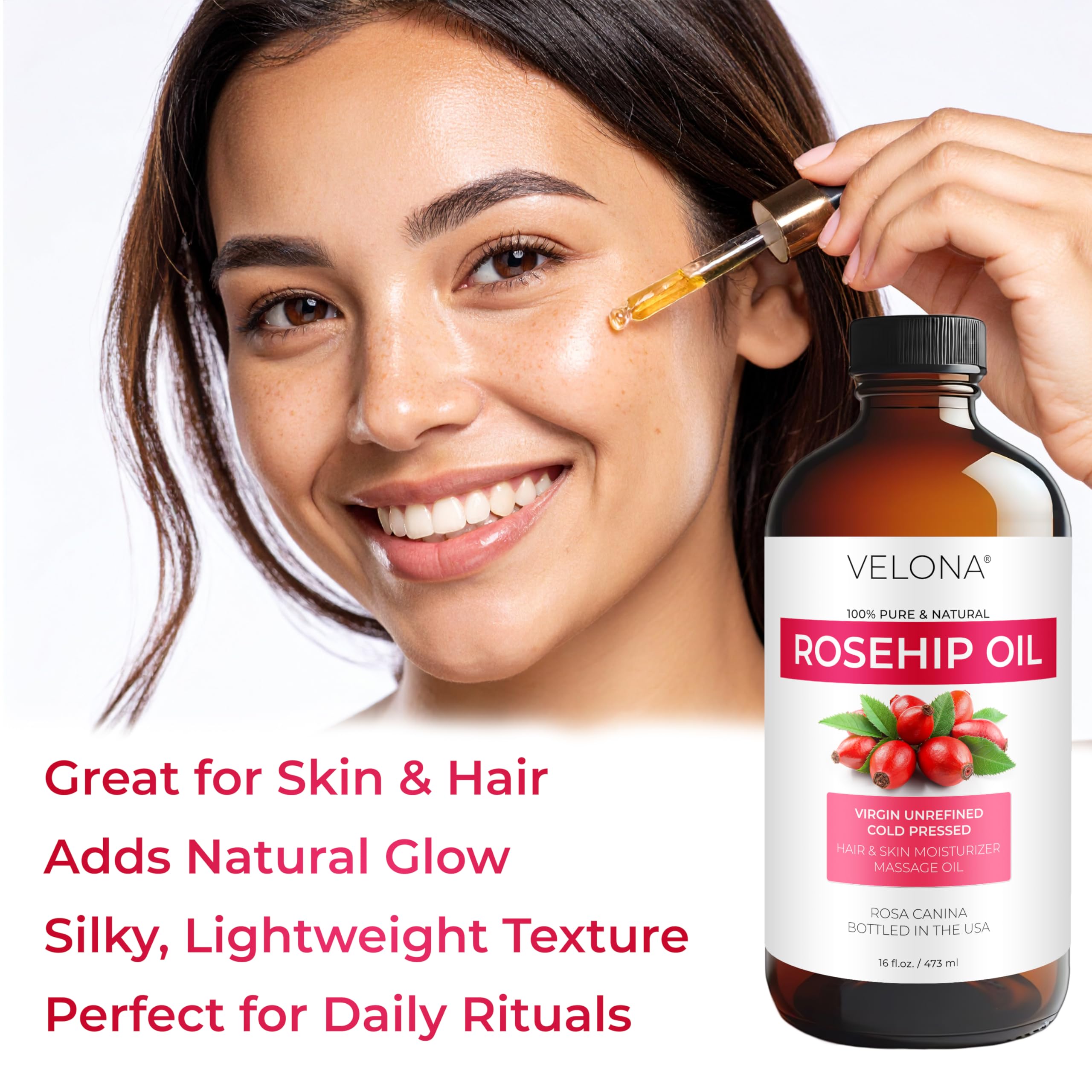 Effet glow Velona huile rosehip sur peau lumineuse.