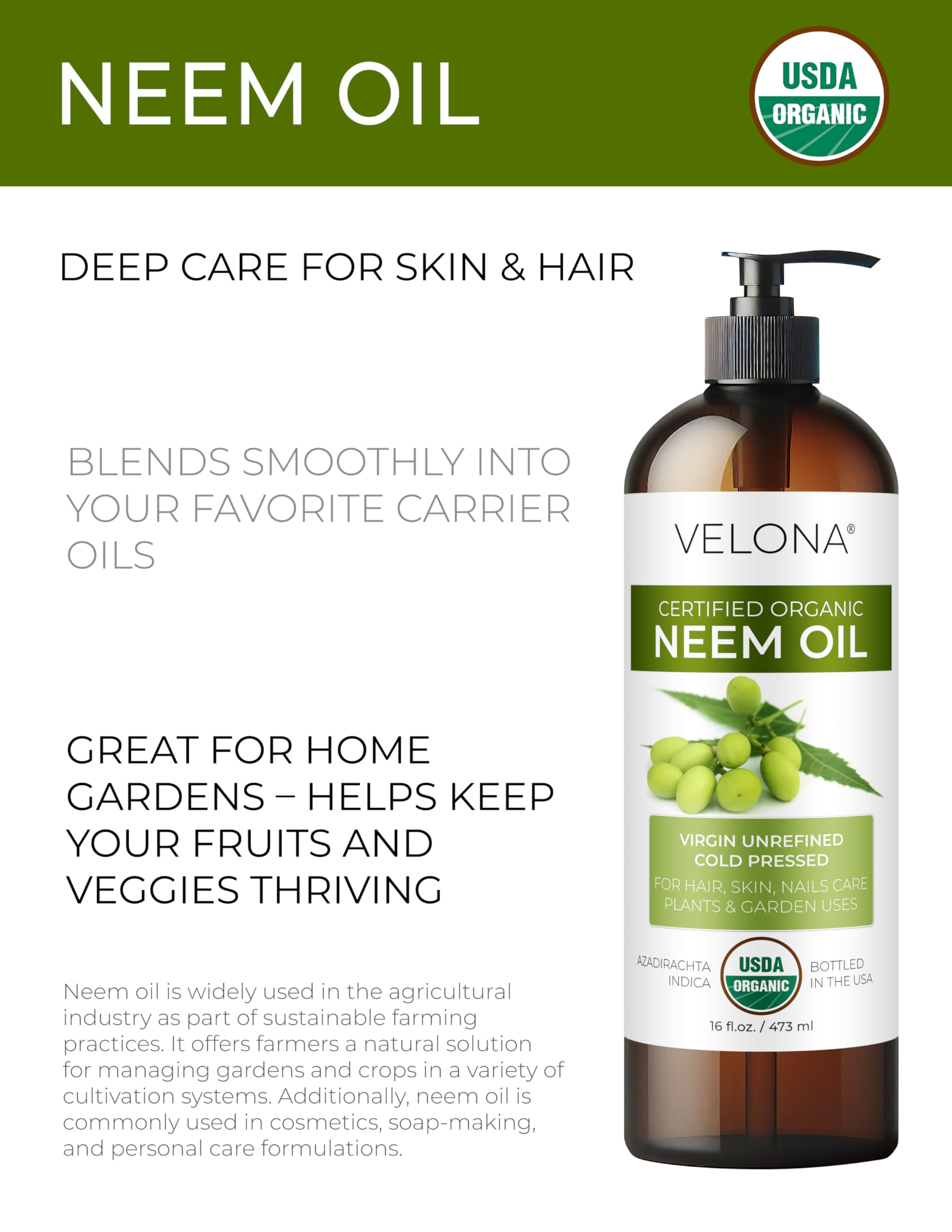 Velona huile de neem, texture dorée et arôme herbacé.