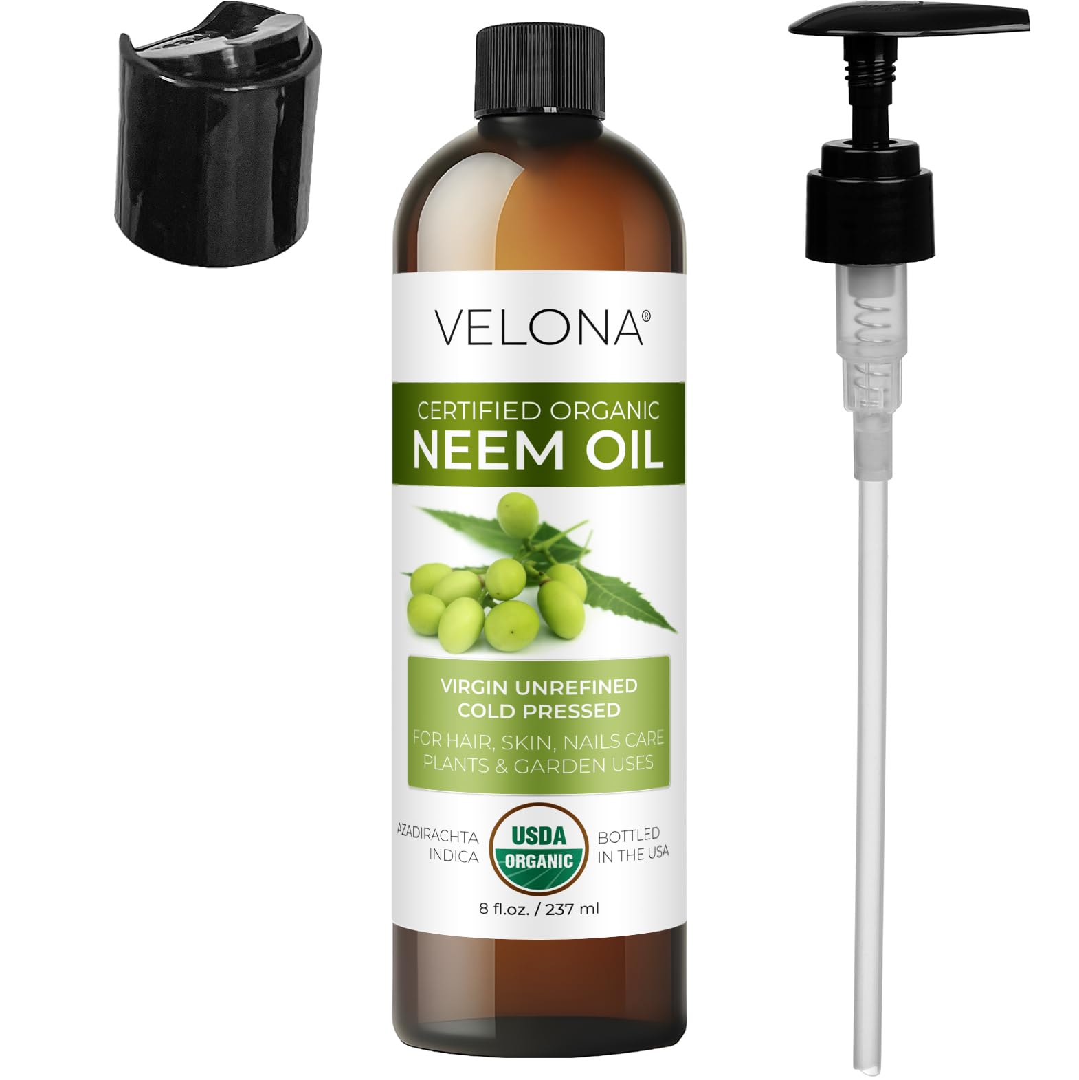 Velona huile de neem, emballage fabriqué aux États-Unis et sans additifs.