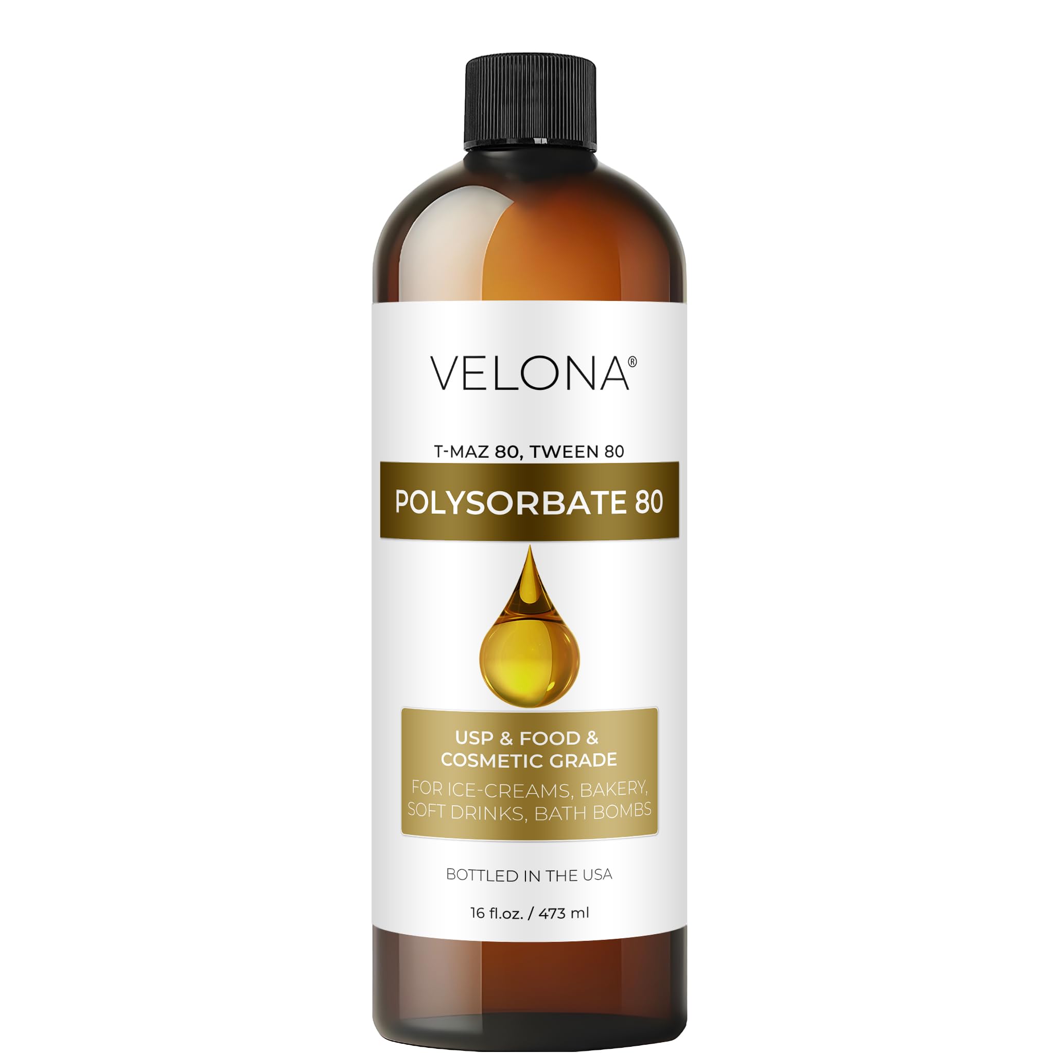 Velona Polysorbate 80, bouteille 16oz, facilite l émulsion huile-eau pour cosmétiques et cuisine.