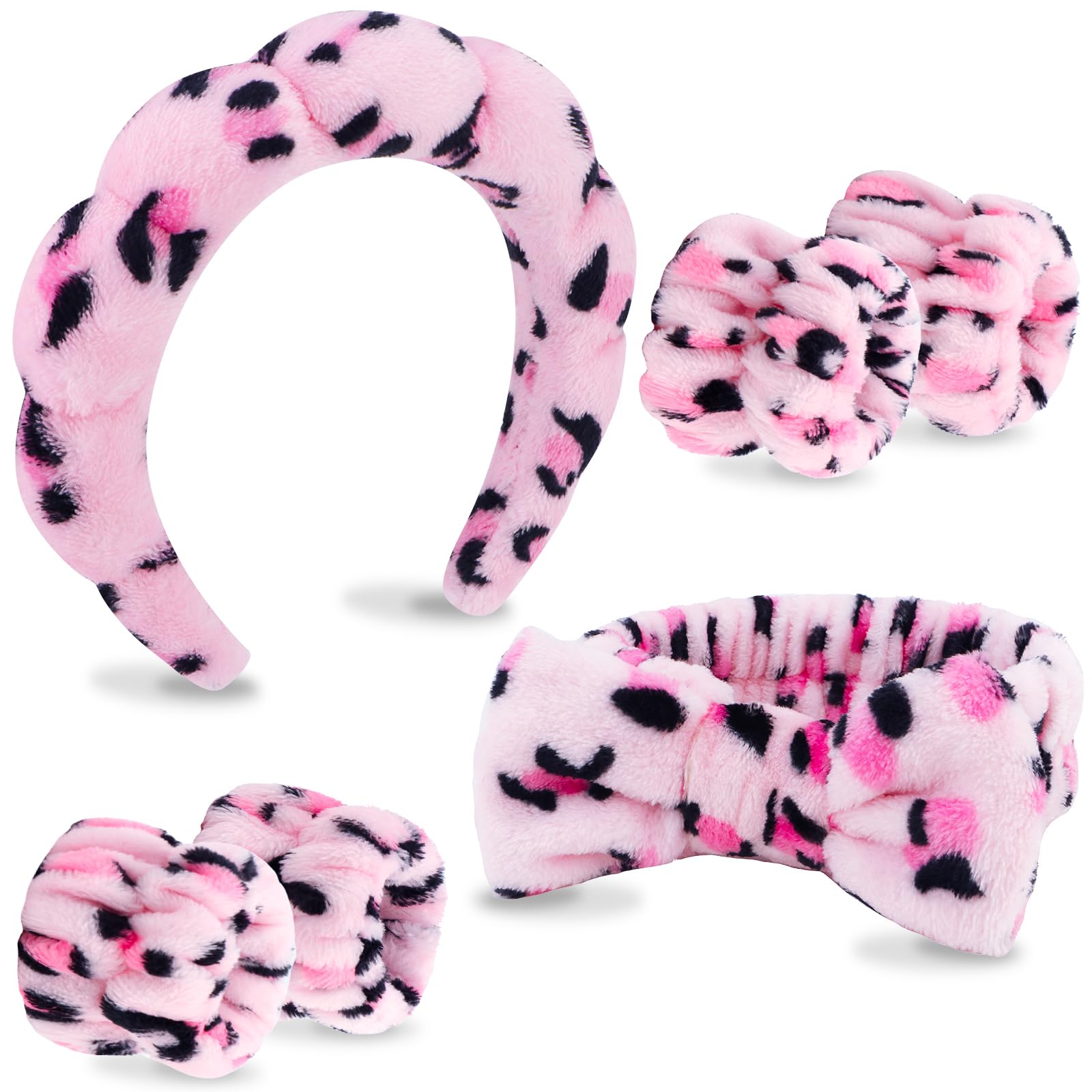 VELSCRUN bandeau spa rose leopard avec noeud, maintien confortable pour lavage du visage.