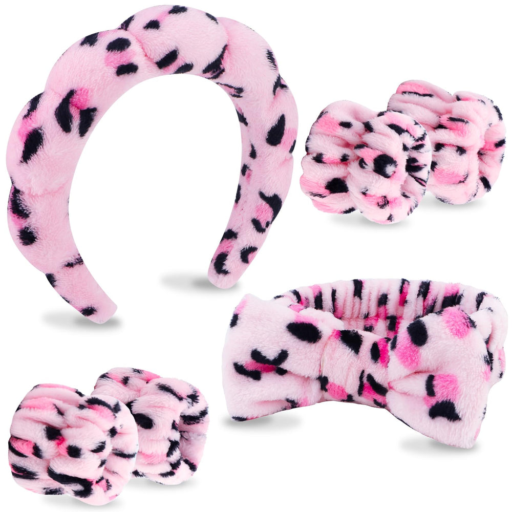 VELSCRUN bandeau spa rose leopard avec noeud, maintien confortable pour lavage du visage.