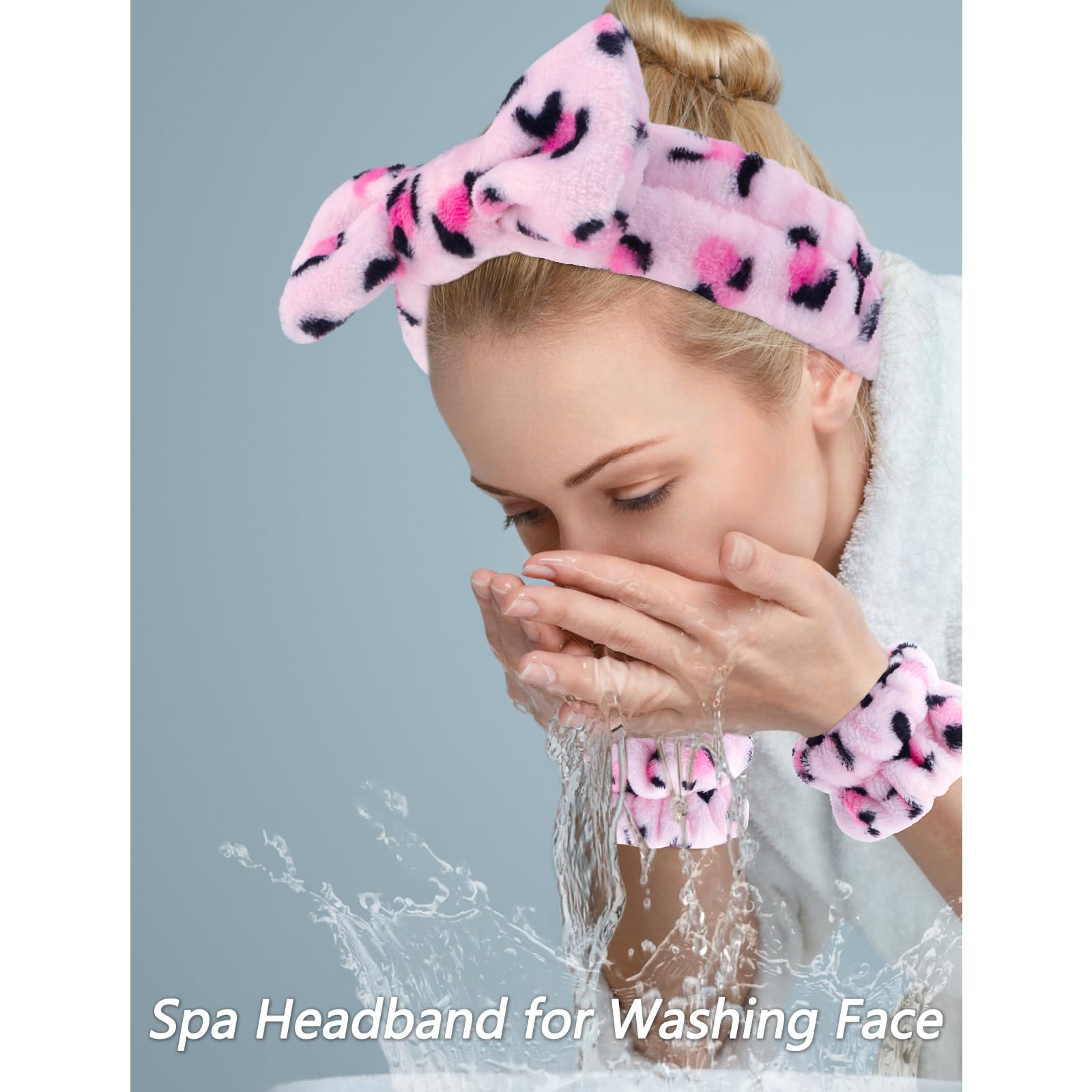 VELSCRUN bandeau visage rose leopard, idéal pour dégager les cheveux pendant le soin.