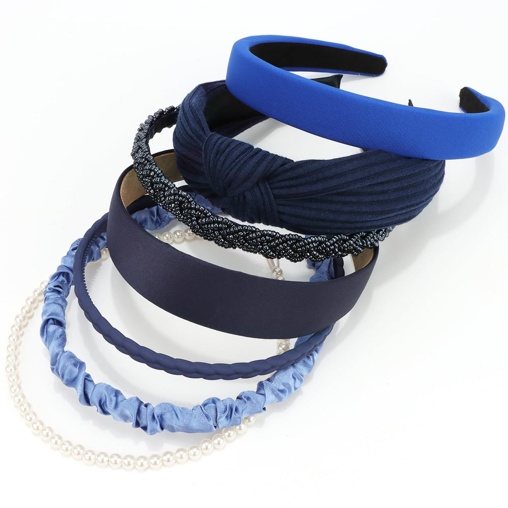 VELSCRUN bandeau bleu marine avec noeud et perles, maintien confortable.