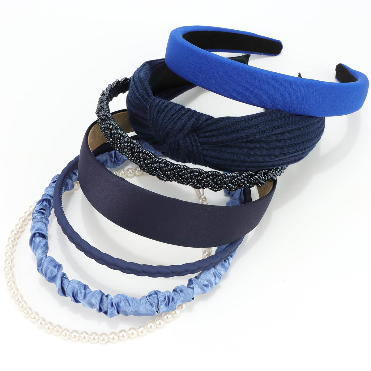 VELSCRUN bandeau bleu marine avec noeud et perles, maintien confortable.