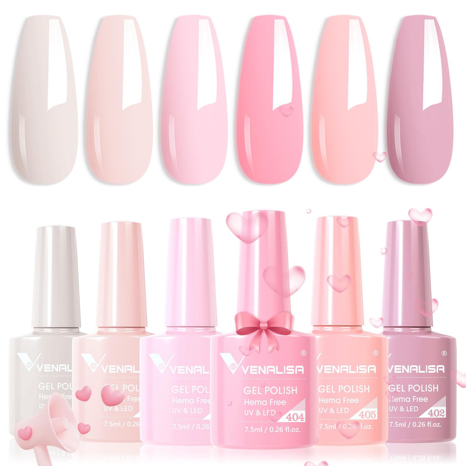 V VENALISA Hema-Free pink gel nail polish bottles showing six color options