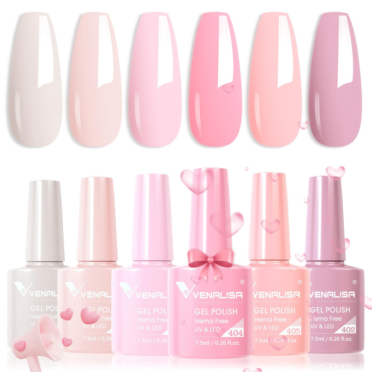 V VENALISA Hema-Free pink gel nail polish bottles showing six color options