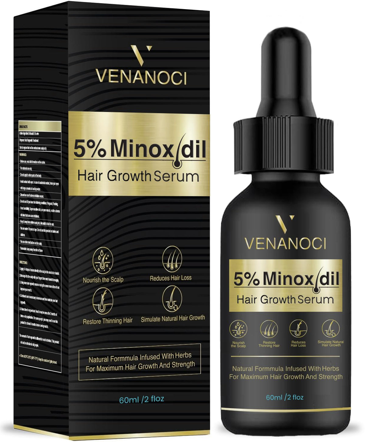 Sérum Venanoci Minoxidil 5% en flacon, soutien potentiel à la croissance des cheveux.