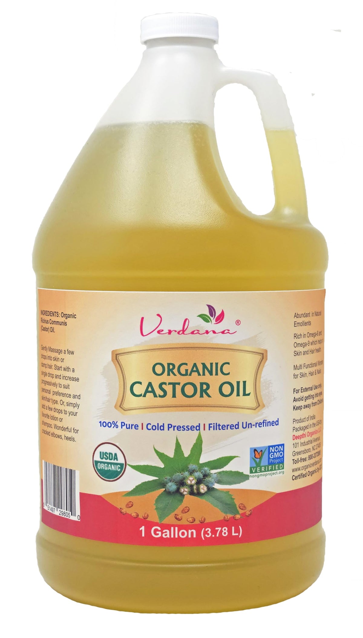 Verdana huile de ricin biologique, bouteille 1 galon, usage professionnel pour cheveux et peau
