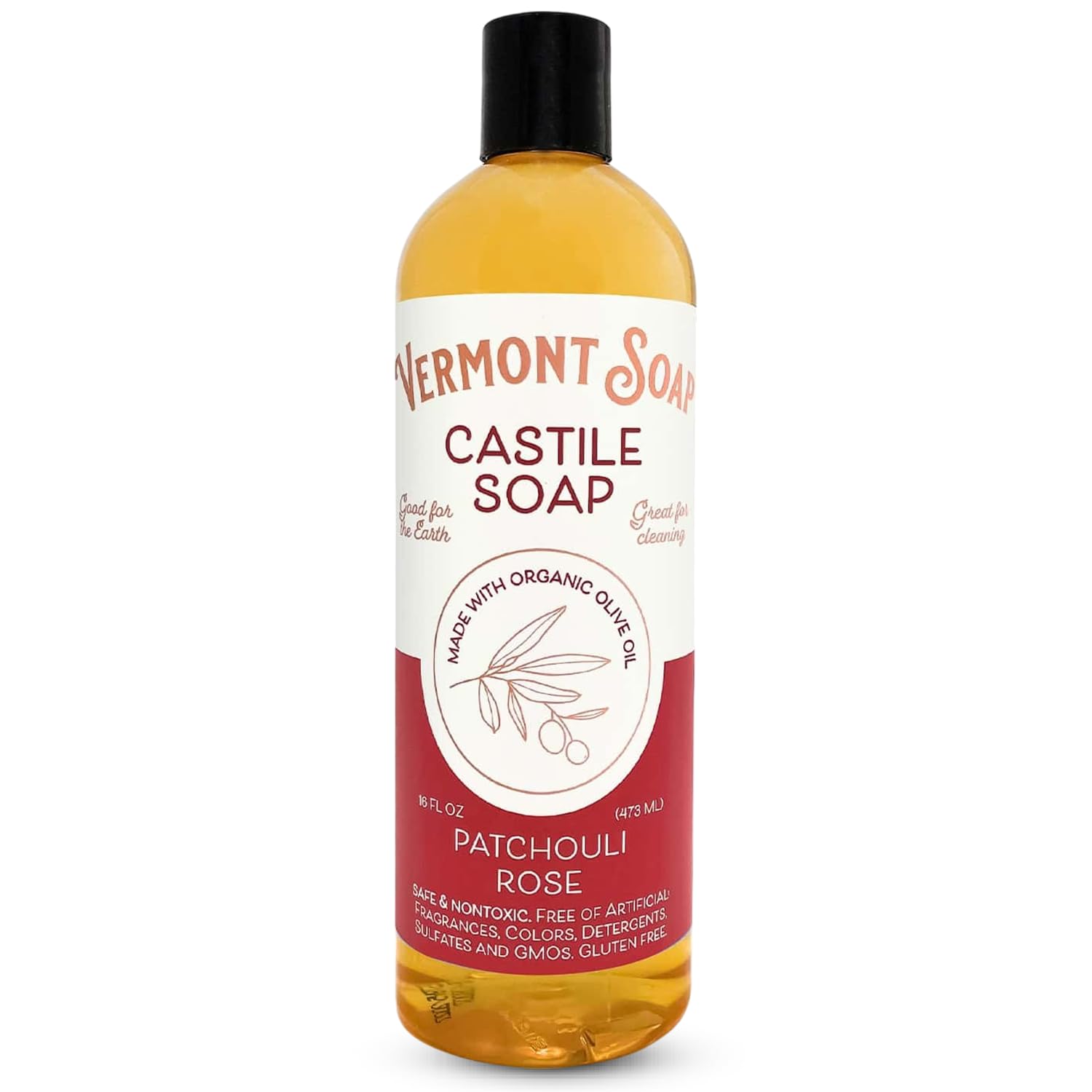 Vermont Castile Patchouli Rose : bouteille, soin polyvalent pour peau sensible et cheveux