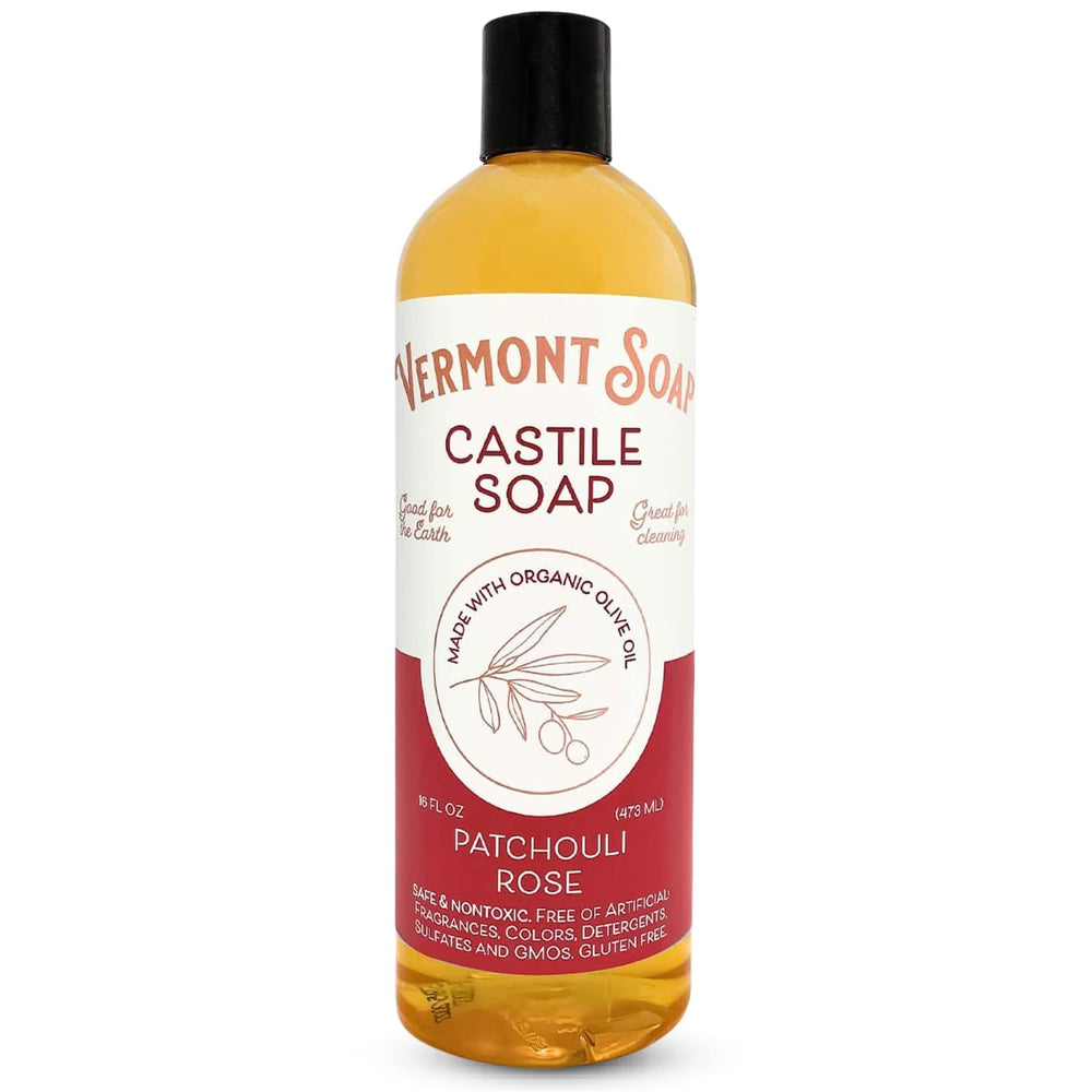 Vermont Castile Patchouli Rose : bouteille, soin polyvalent pour peau sensible et cheveux