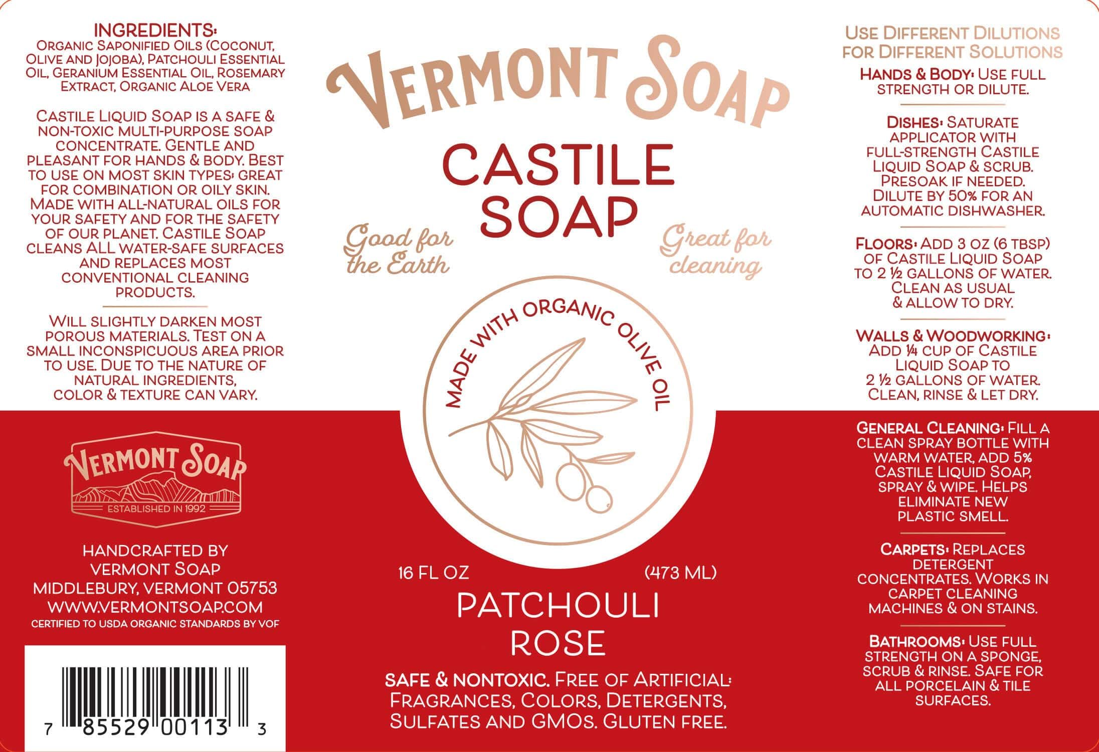 Usage polyvalent Vermont Castile Patchouli Rose, nettoyage maison